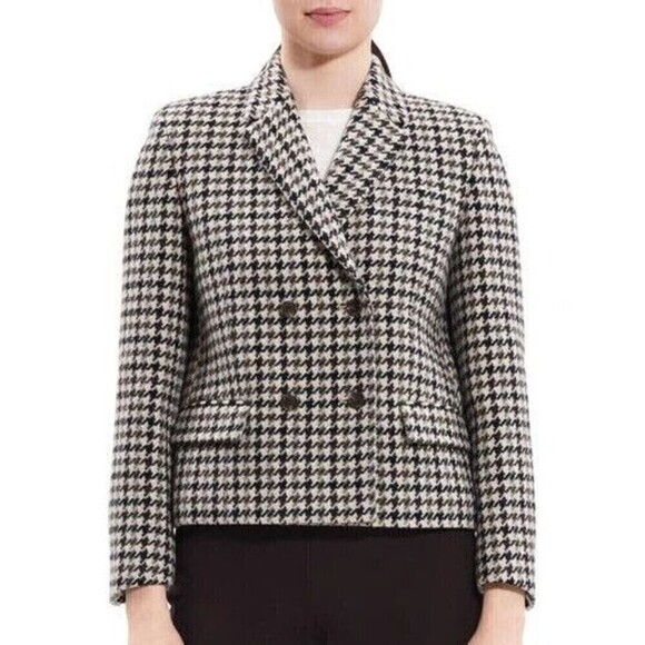 Theory Houndstooth Check Crop Wool Blazer Jacket Size 8 Black Grey Cream Tan - Picture 2 of 10